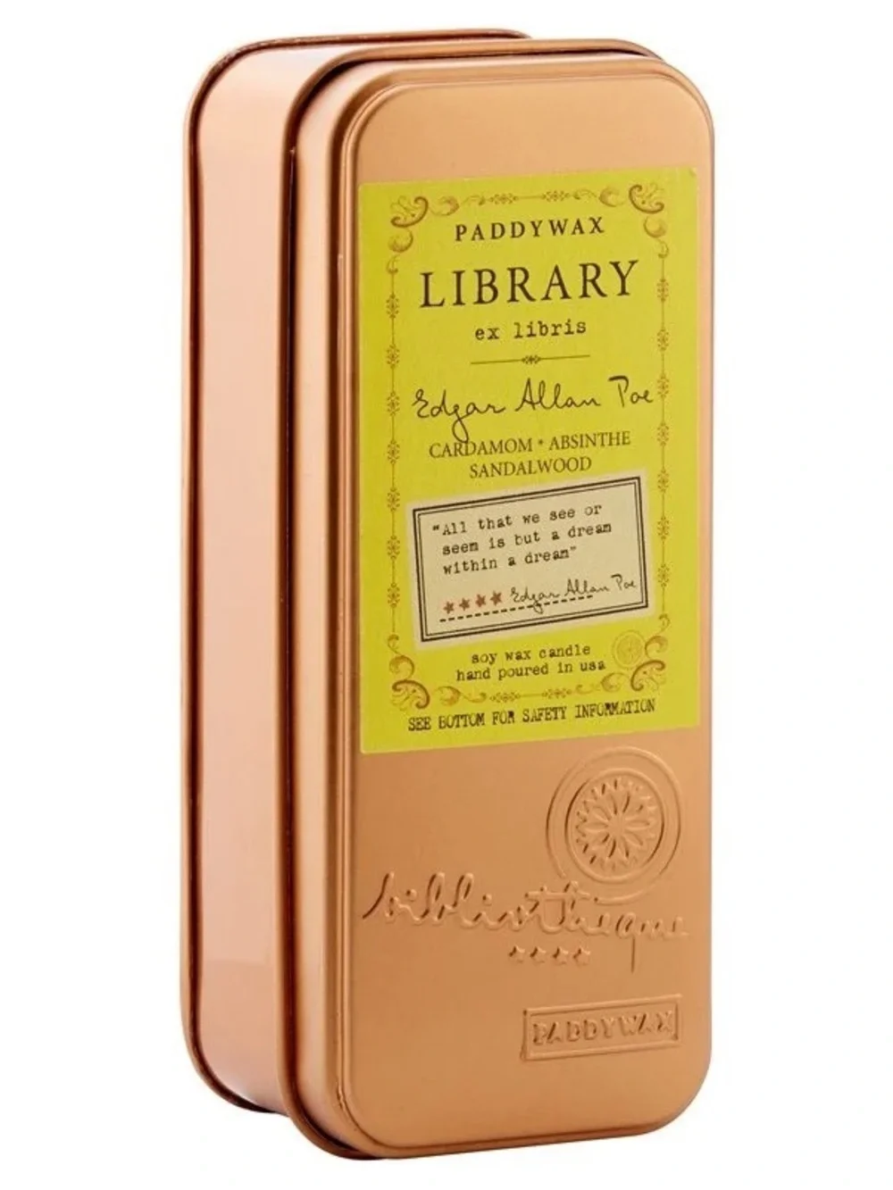 NEW Library Edgar Allan Poe Cardamom + Absinthe + Sandalwood SOY Candle - Copper
